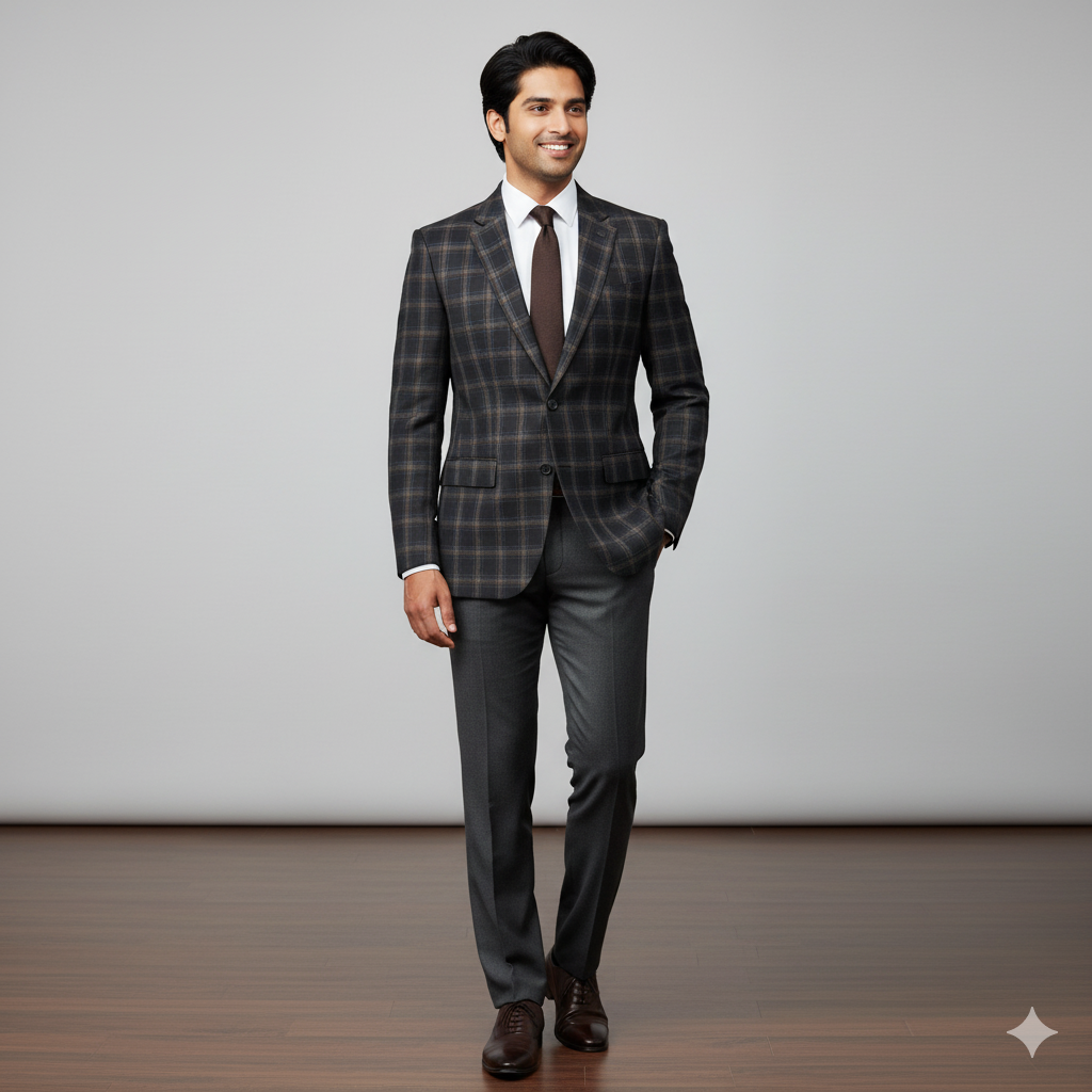 Tweed Blazer Fabric OCM Super Fine count 100% Wool Check Colour Charcoal Grey N Light Brown