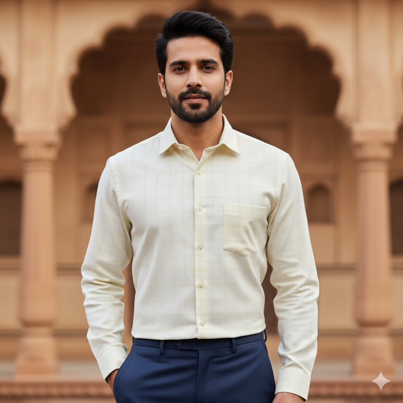 Shirt Fabric Raymond  100% Premium Cotton Check Colour Light Cream