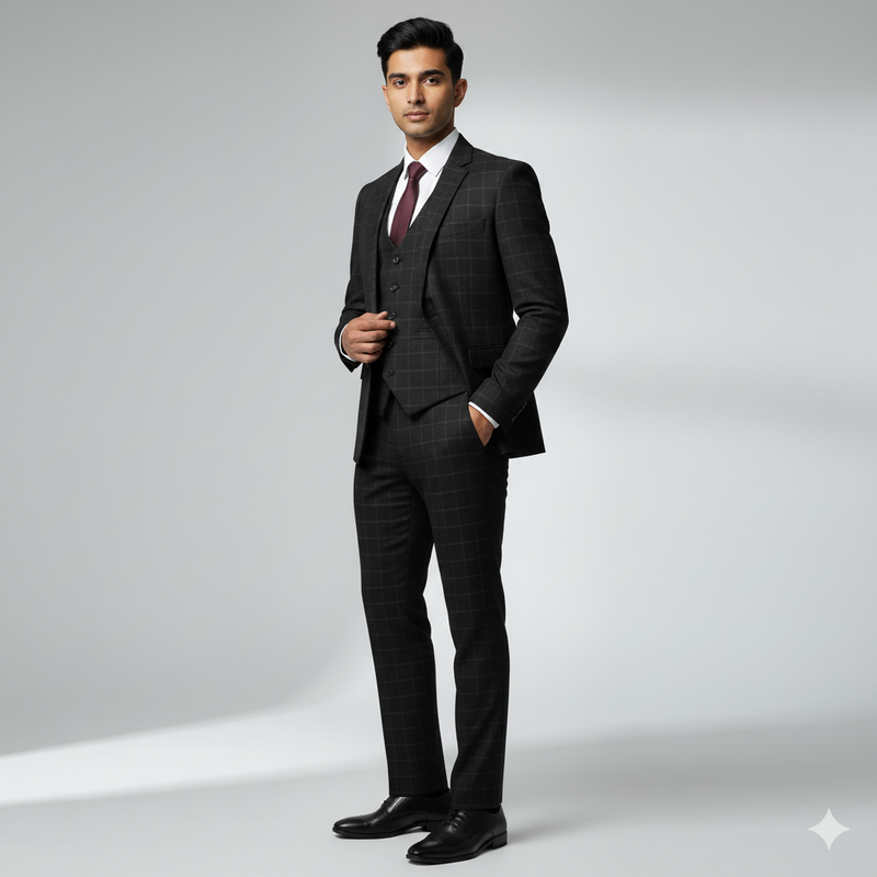 Trouser Fabric Canetti Italy Luxury TR 4Way Lycra Broad Check Colour Dull Black