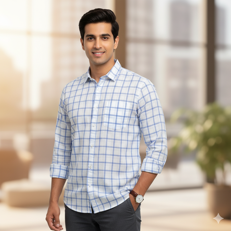 Shirt Fabric Raymond  100% Premium Cotton Broad Check Colour Blue N White