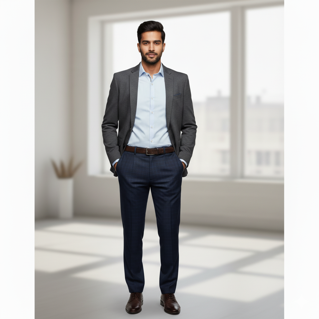 Trouser Fabric Donear 4Way Stretchable Premium Small Check Colour Dark Blue