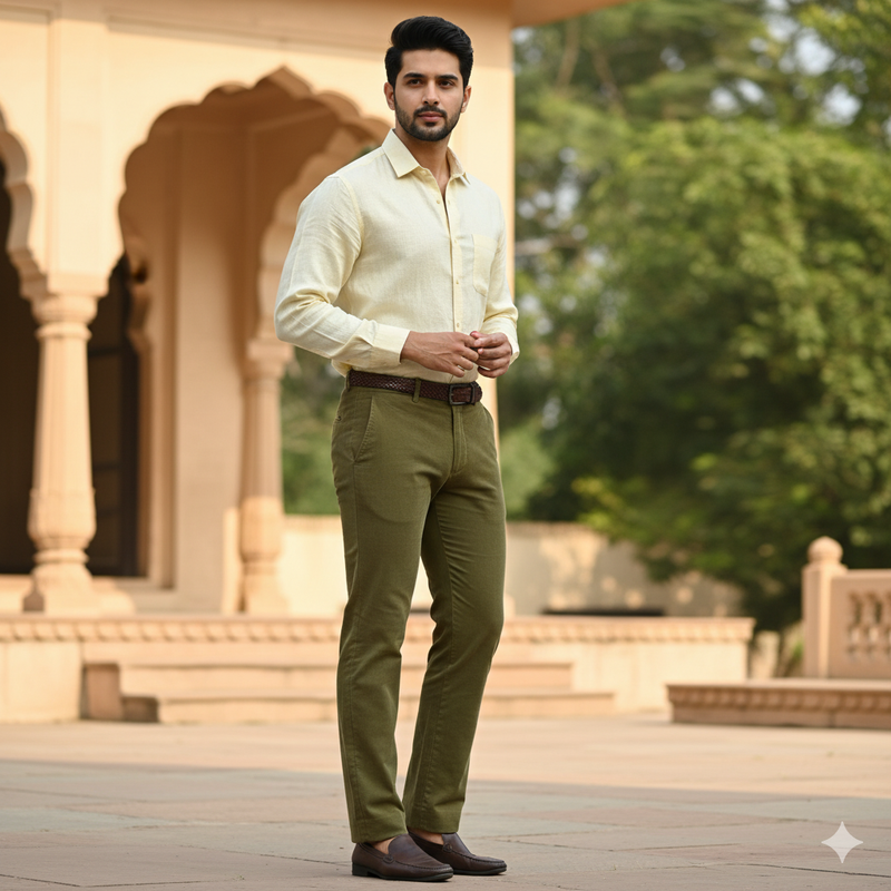 Corduroy Arvind Pure Cotton stretchable Trouser Fabric Colour Golden Greenish