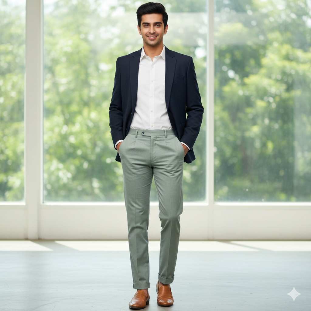 Denim Corduroy Arvind Pure Cotton stretchable Trouser Fabric Colour Pistachio Greenish Silver