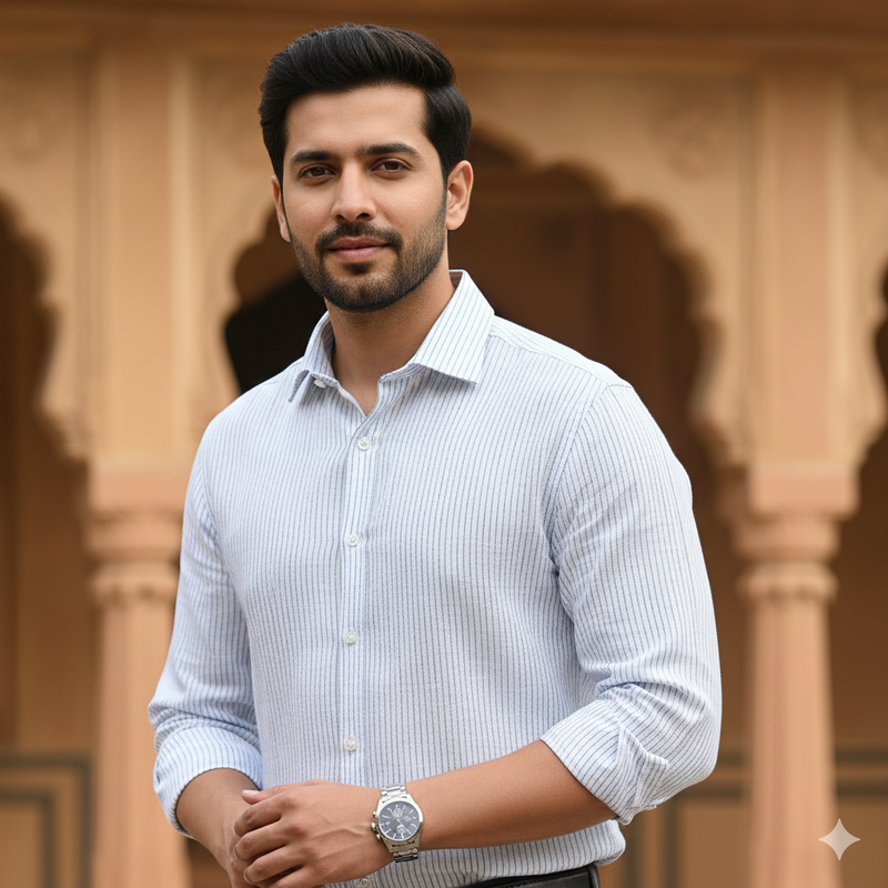 Shirt Fabric Donear 100% Linen 60Lea Pin Lining Colour White N Blue