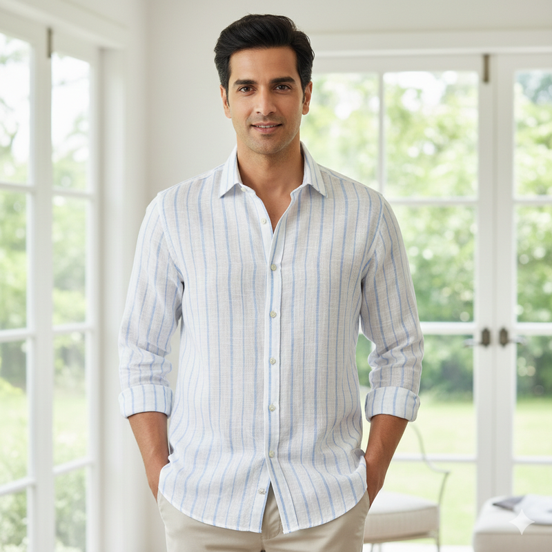 Shirt Fabric Donear 100% Linen 60Lea Broad Lining Colour Blue N White