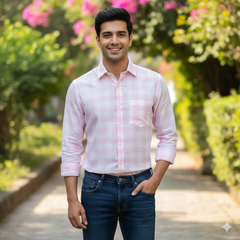 Shirt Fabric Donear 100% Linen 60Lea Broad Check Colour Pink