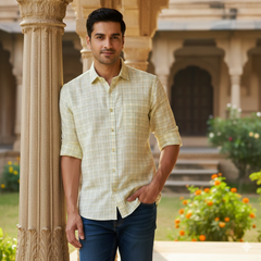 Shirt Fabric Donear 100% Linen 60Lea Check Colour Butter Yellow N Green