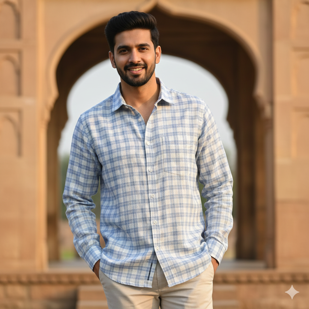 Shirt Fabric Donear 100% Premium Linen 60Lea Broad Check Colour Light Blue N Light Grey