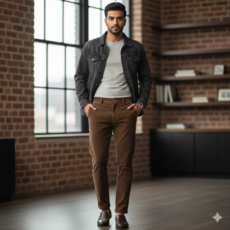 Trouser Fabric Arvind Denim Stretchable Courdray Colour Reddish Brown