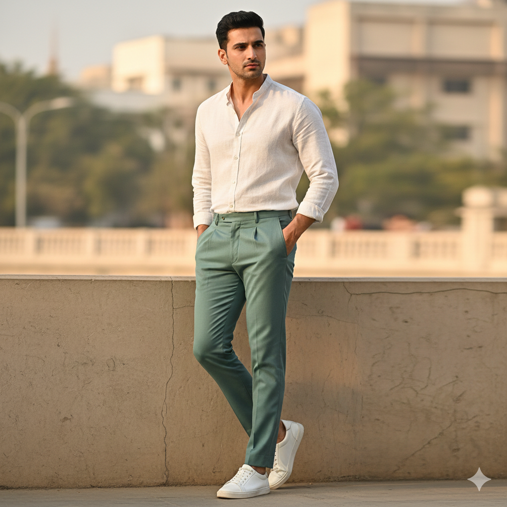 Trouser Fabric Raymond Super 140s Merino Wool Plain Colour Celadon Green