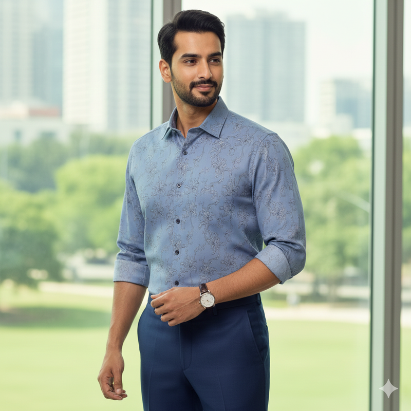 Shirt Fabric Soktas Finest Giza Cotton Jacquard Colour Greyish Blue