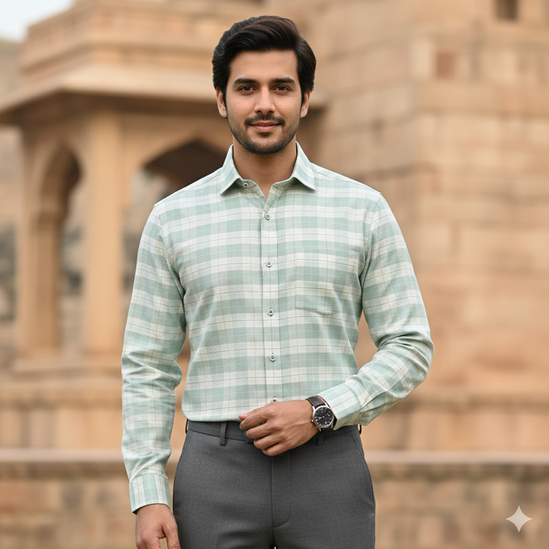 Shirt Fabric Soktas Finest Giza Cotton Check Colour Beige N Light Green