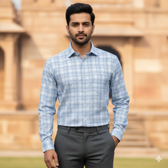 Shirt Fabric Soktas Finest Giza Cotton Mix Check Colour Blue