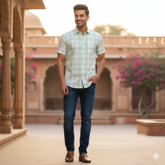 Shirt Fabric Soktas Finest Giza Cotton Check Colour Mint Green N Silver