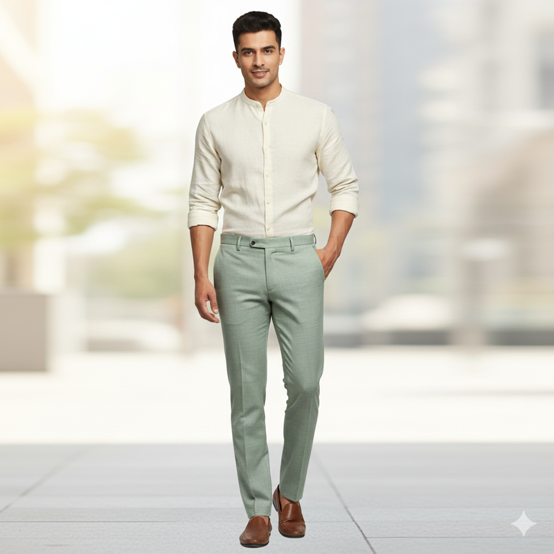 Trouser Fabric Raymond Fine Count Poly Viscose Slub Colour Swamp Green