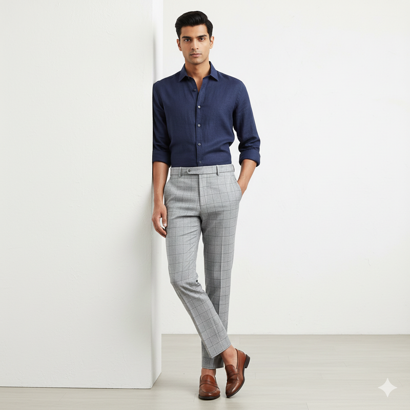 Trouser Fabric Raymond Fine Count Poly Viscose Check Colour Metallic Silver