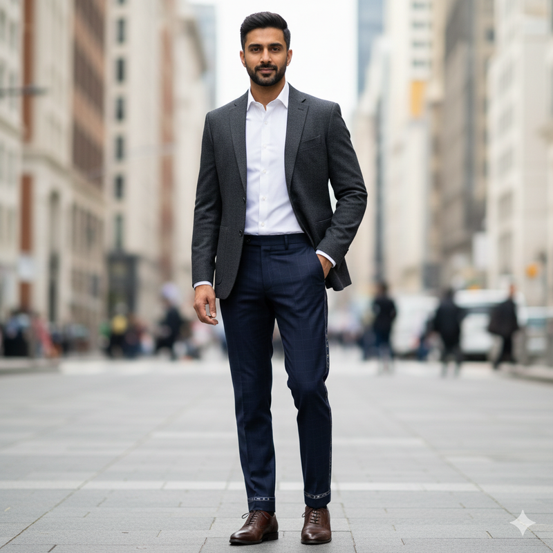 Trouser Fabric Reid & Taylor Super 100s 50% Wool Check Color Dark Blue