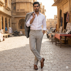 Trouser Fabric Raymond Poly Cotton Linen Look Zig Zag Colour Light Grey N White