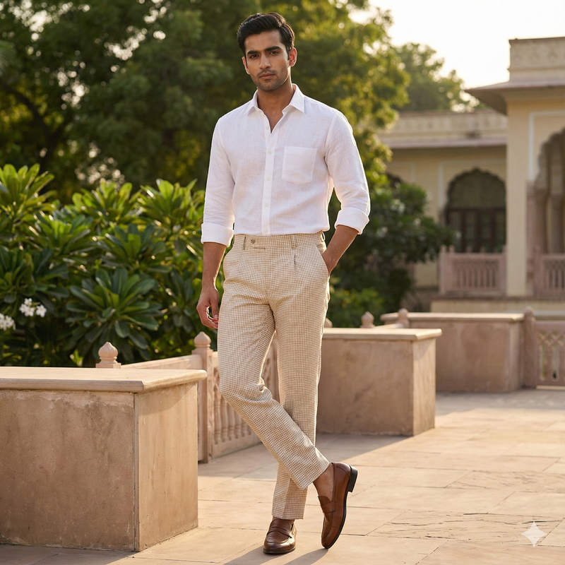 Trouser Fabric Raymond Poly Cotton Linen Look Zig Zag Colour Light Beige