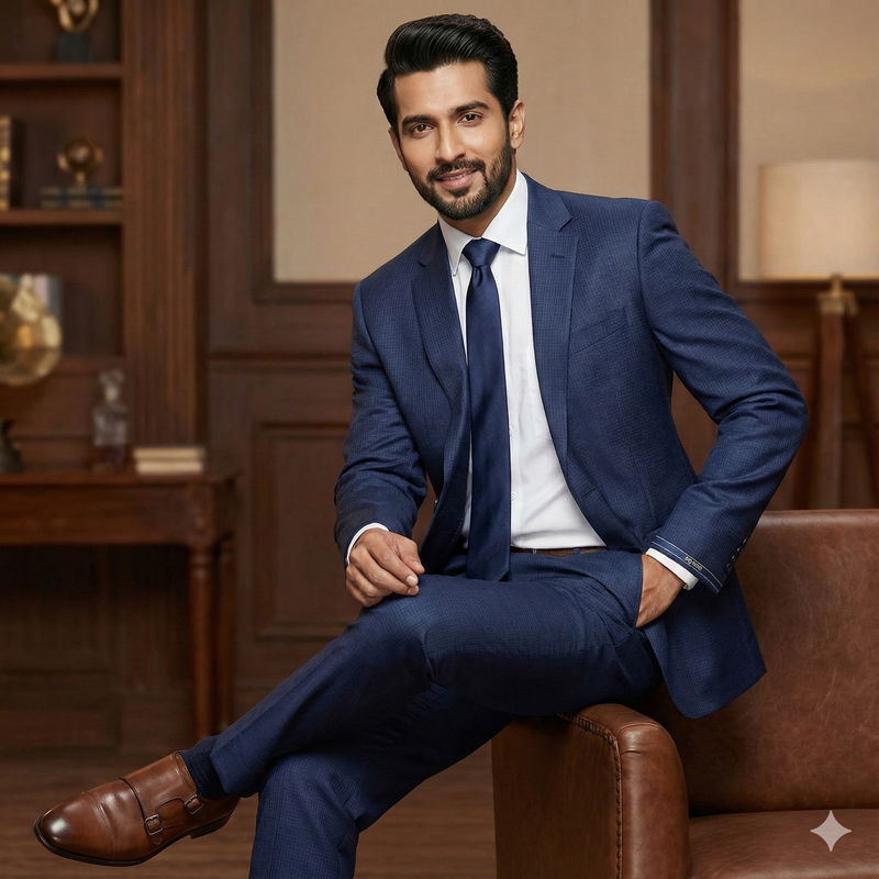 Suit Fabric Raymond Wool Blended Pin Check Color Dark Blue