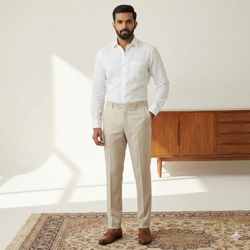 Trouser Fabric Canetti Italy Luxury 100s Wool Blended Dobby Colour Cream