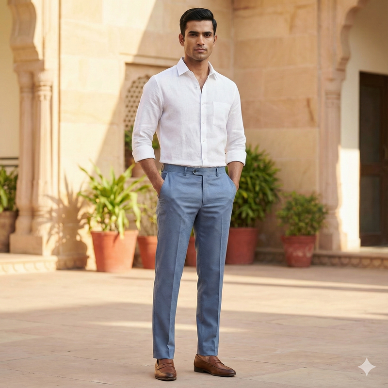 Trouser Fabric Reid & Taylor Fine Polyester Viscose Pin Check Color Sky Blue