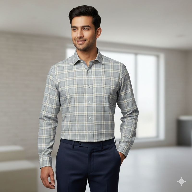 Shirt Fabric Donear Premium Giza Cotton Broad Check Colour Brown N Silver Grey