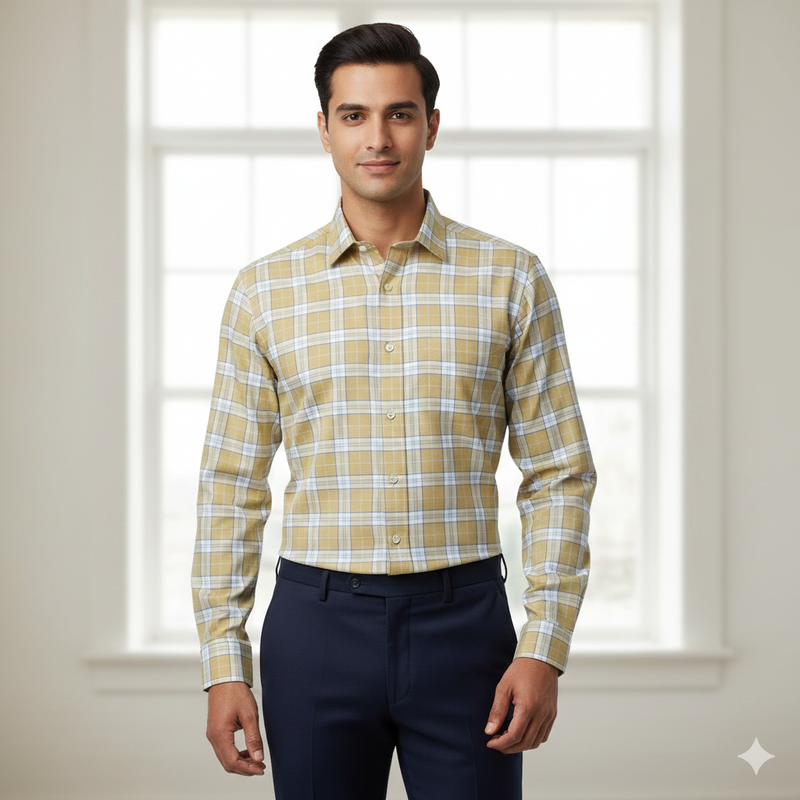 Shirt Fabric Donear Premium Giza Cotton Broad Check Colour Golden Brown