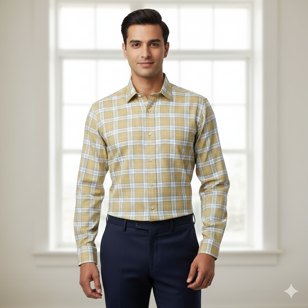 Shirt Fabric Donear Premium Giza Cotton Broad Check Colour Golden Brown