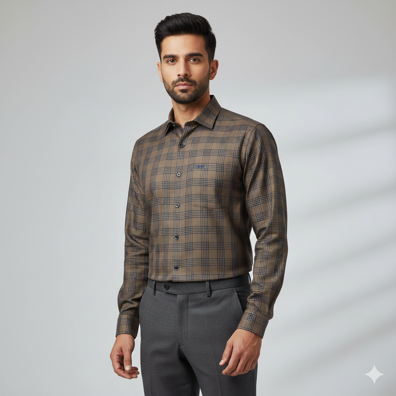 Shirt Fabric Donear Premium Giza Cotton Broad Check Colour Peanut Brown