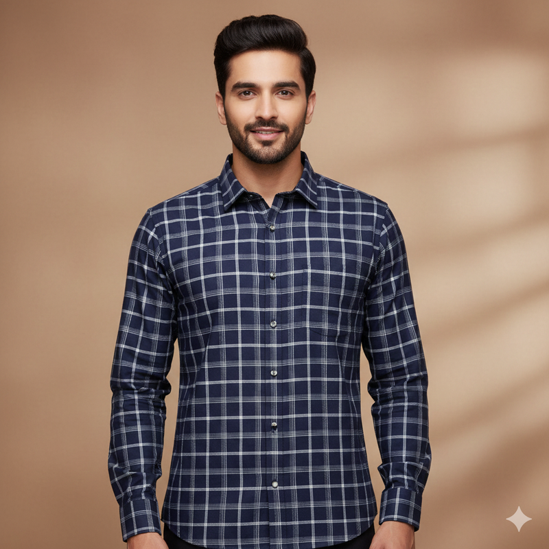 Shirt Fabric Donear Premium Giza Cotton Broad Check Colour Dark Blue N Brown