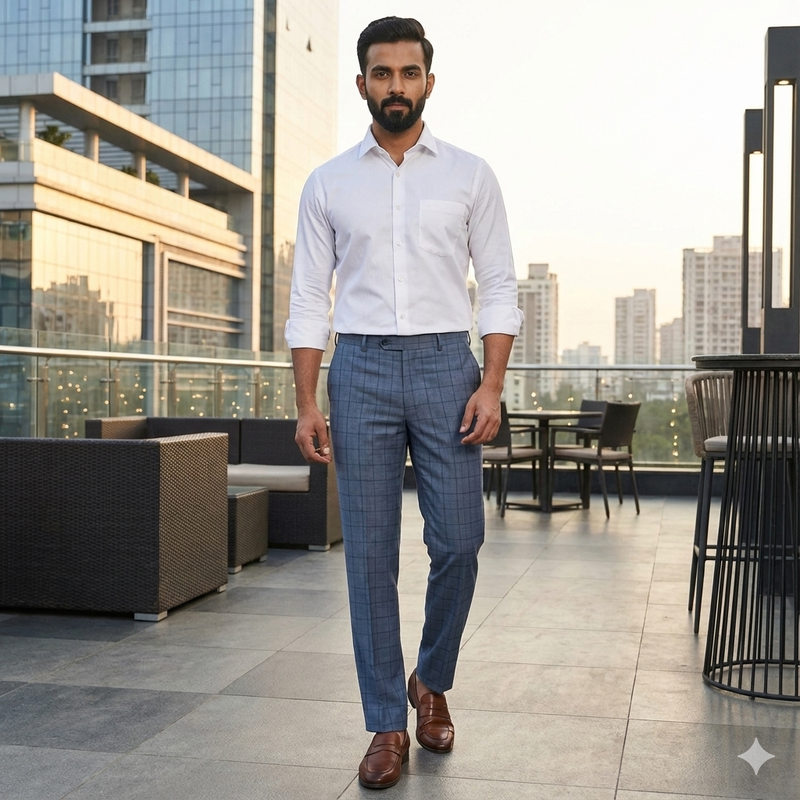 Trouser Fabric Reid & Taylor Poly Viscose Check Color Glaucous Blue