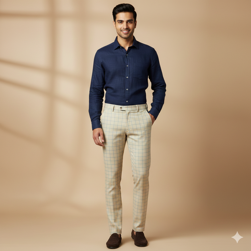 Trouser Fabric Donear Pure Cotton Check Colour Blue N Light Brown