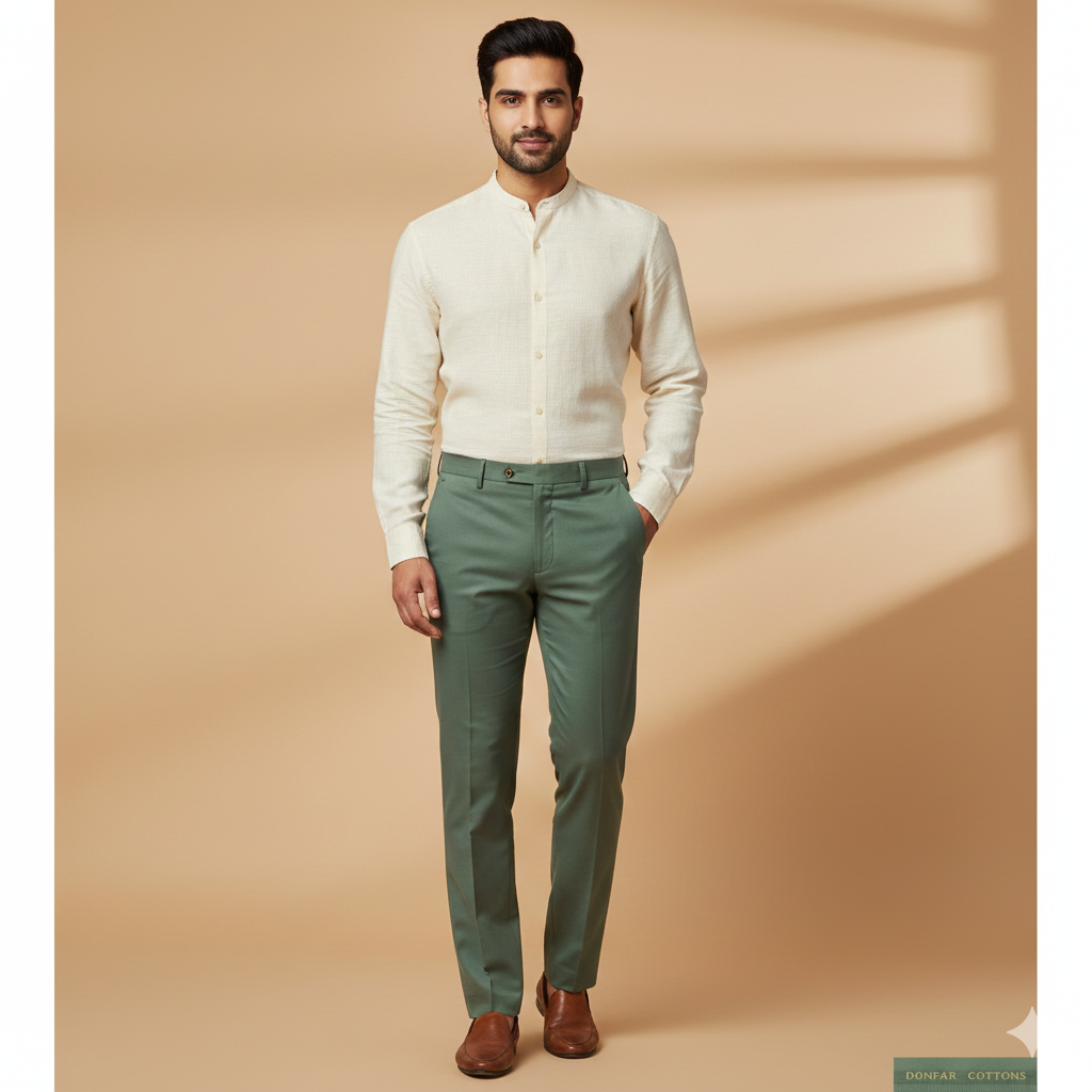 Trouser Fabric Donear Pure Cotton Stretchable Plain Colour Lamp Green
