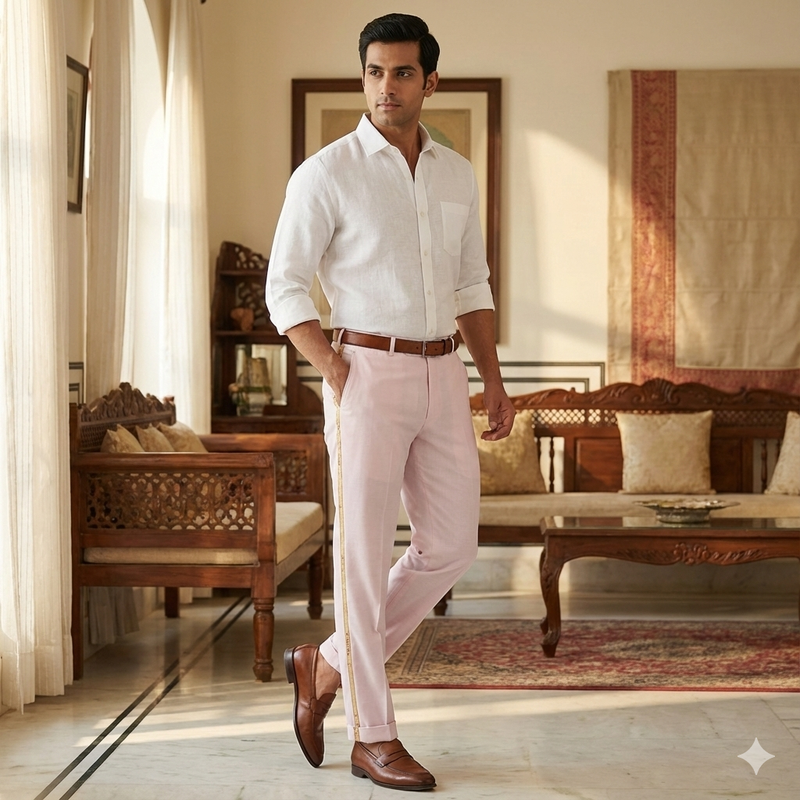 Trouser Fabric Raymond Poly Viscose Self Mild Check Colour Pastel Pink