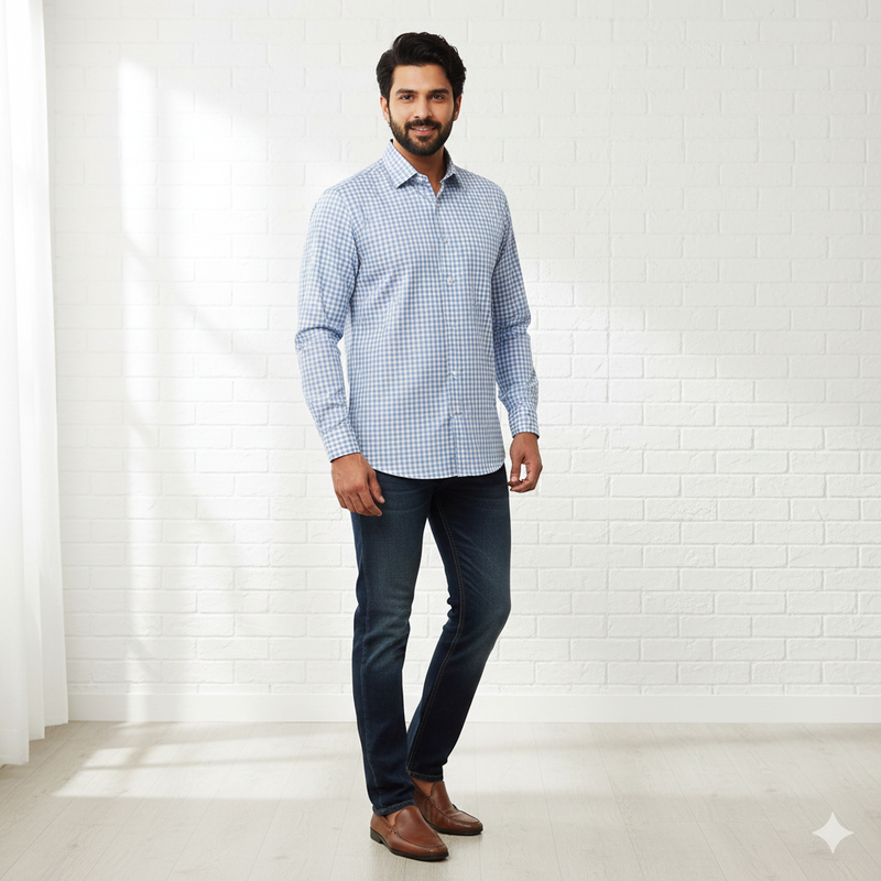 Shirt Fabric Grasim 100% Cotton Zig Zag Check Colour Blue