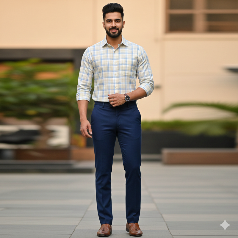 Shirt Fabric Grasim 100% Cotton Broad Check Colour Blue N Light Brown