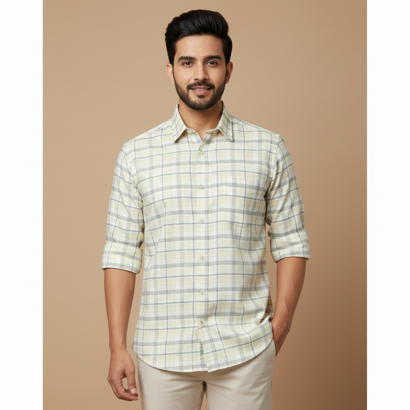 Shirt Fabric Grasim 100% Cotton Broad Check Colour Yellow N Grey