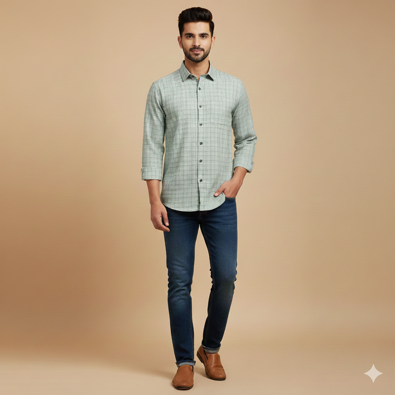 Shirt Fabric Grasim 100% Cotton Check Colour Gin Green