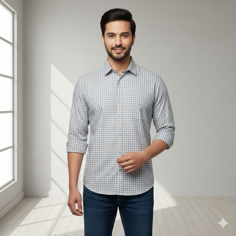 Shirt Fabric Grasim 100% Cotton Zig Zag Check Colour Grey N White