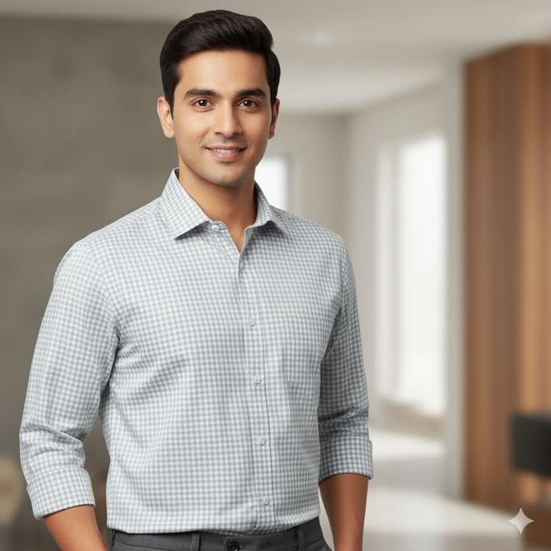 Shirt Fabric Grasim 100% Cotton Small Check Colour Silver Grey