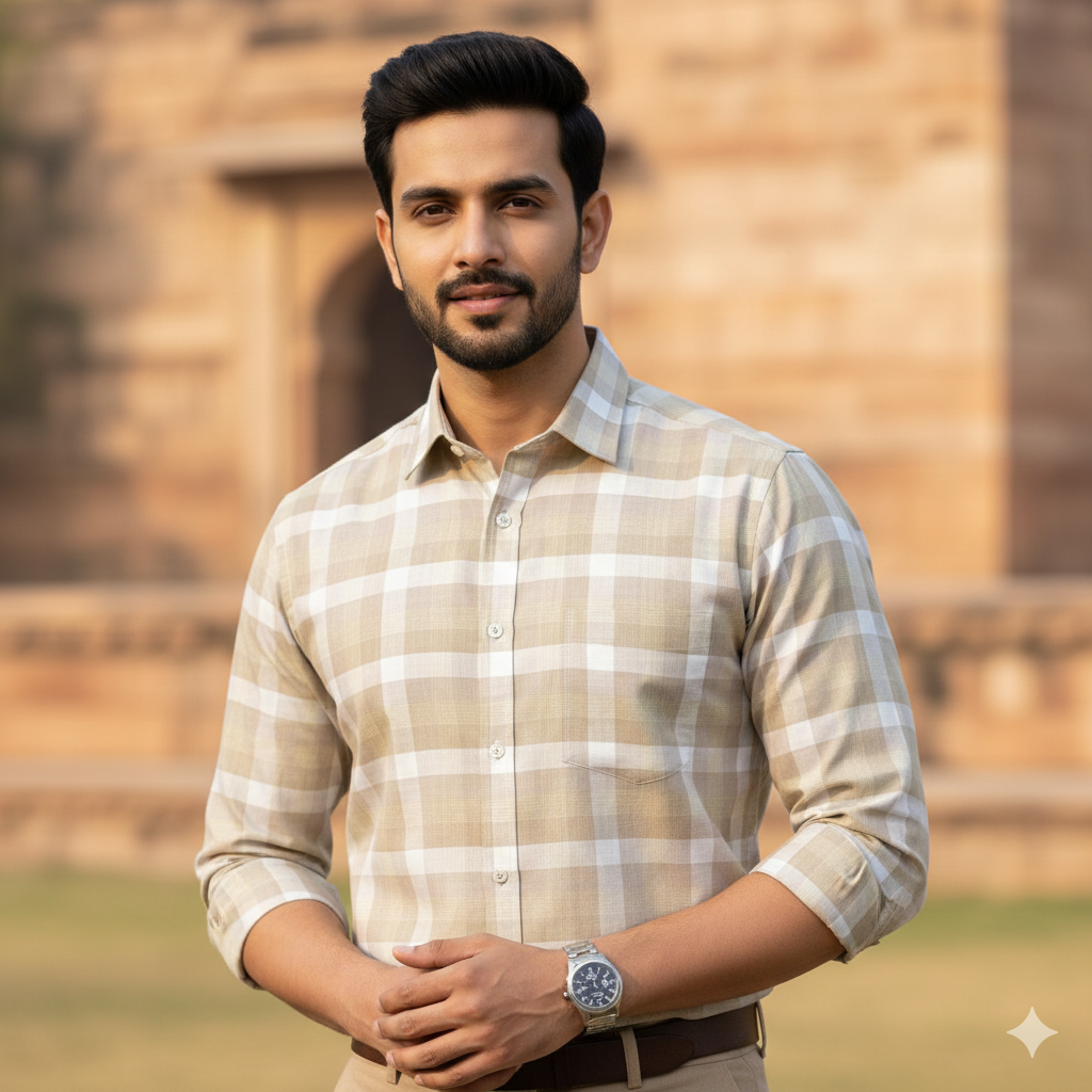 Shirt Fabric Grasim 100% Cotton Check Colour Camel Brown