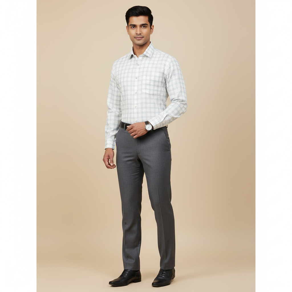Shirt Fabric Grasim 100% Cotton Check Colour Grey N Dull Brown