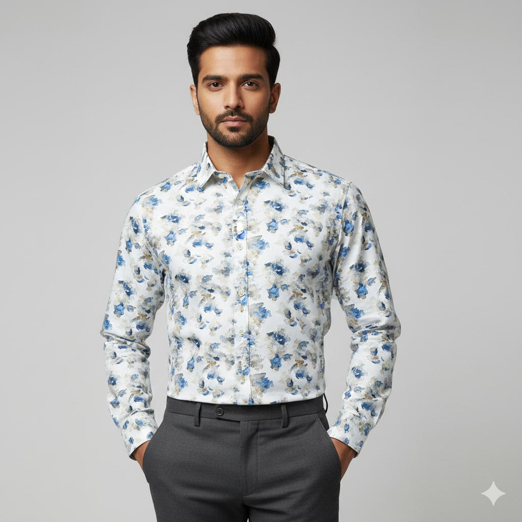 Shirt Fabric Donear Premium Giza Cotton Digital Print Colour Dull Brown N Blue