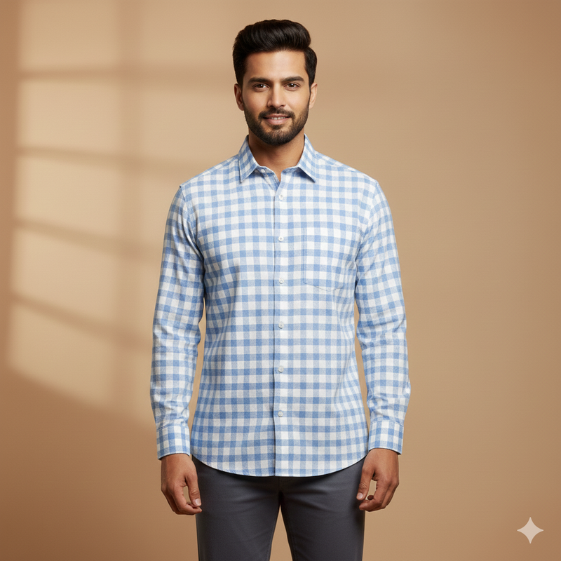 Shirt Fabric Soktas Finest 80s Giza Cotton Check With Dobby Colour Blue N White