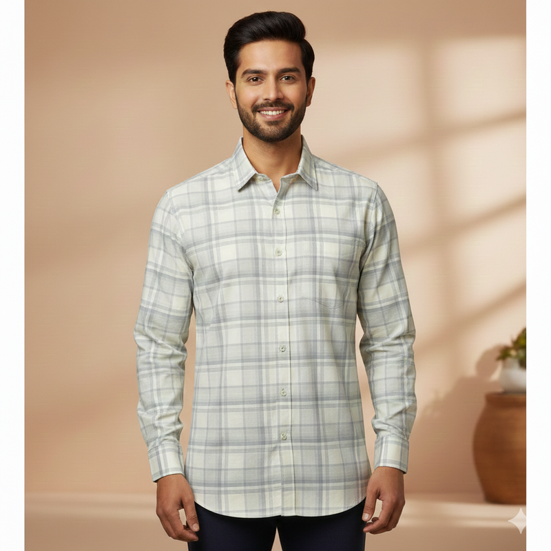 Shirt Fabric Soktas Finest 80s Giza Cotton Broad Check Colour Cream N Grey