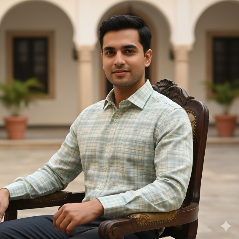 Shirt Fabric Soktas Finest 80s Giza Cotton Mix Check Colour Green N Off White