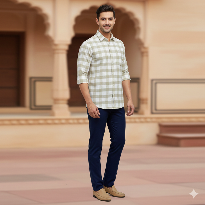 Shirt Fabric Soktas Finest 80s Giza Cotton Check Colour Sand Brown N White