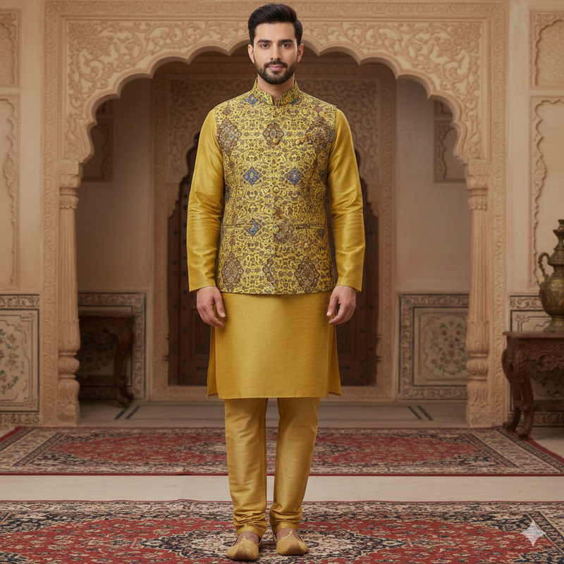 Kurta Pajama N Koti Fabric Set Colour Yellow Golden