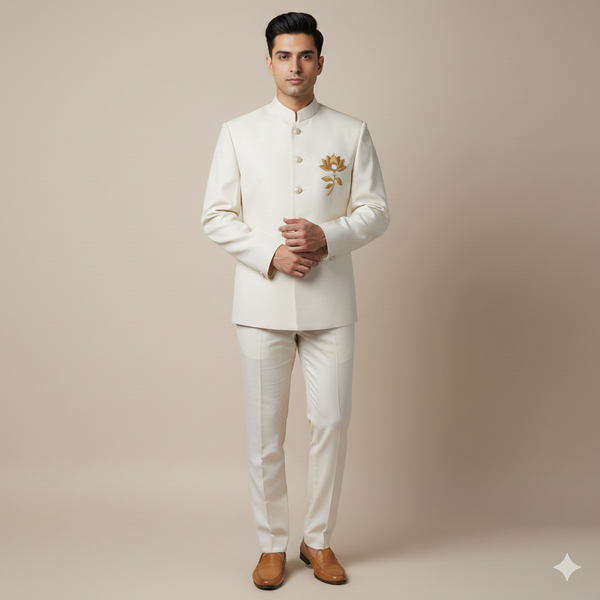 ManTire Premium Designer Bandhgala Suit Fabric With Handwork Colour Off White